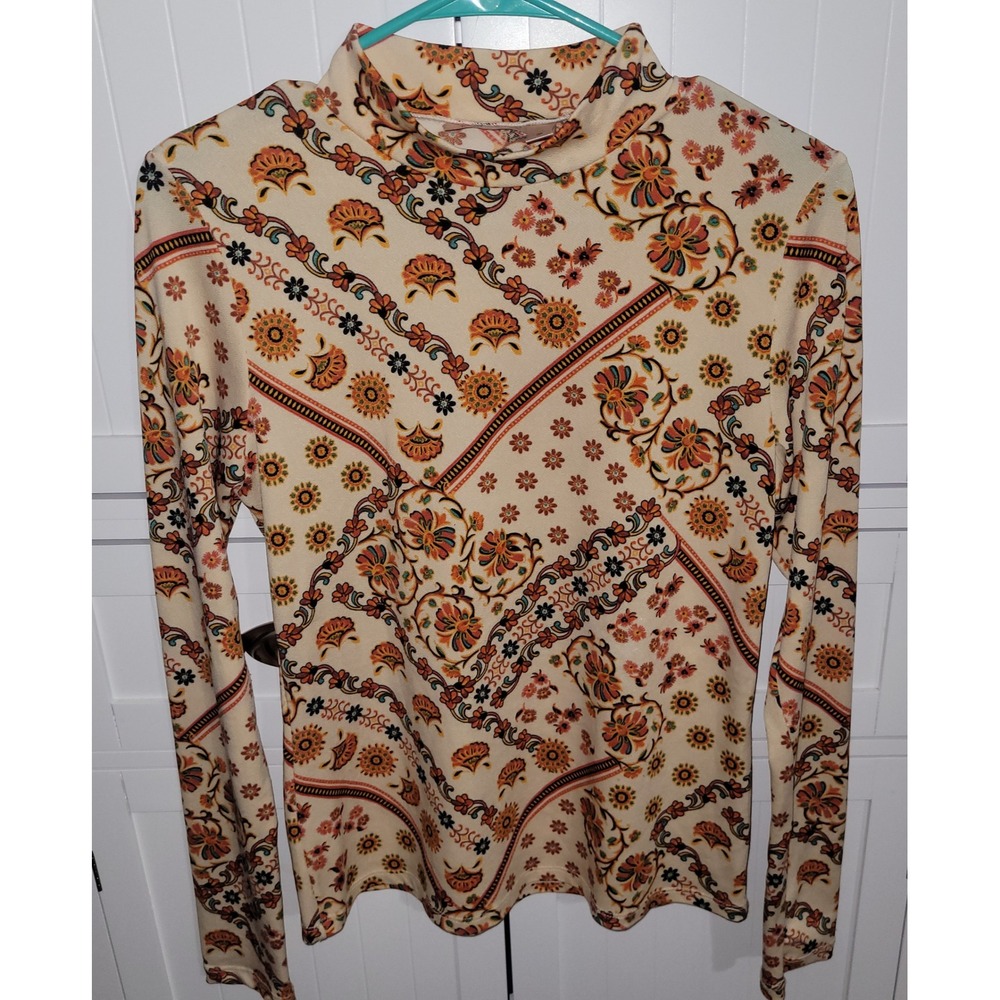 Willow + Root Womens Mock Neck Floral Paisley Long Sleeve Top Orange Tan Size M
